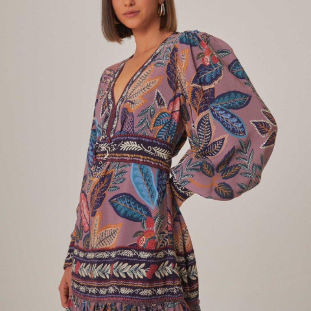 Farm Rio - Lavender wild night long sleeve mini dress, Medium